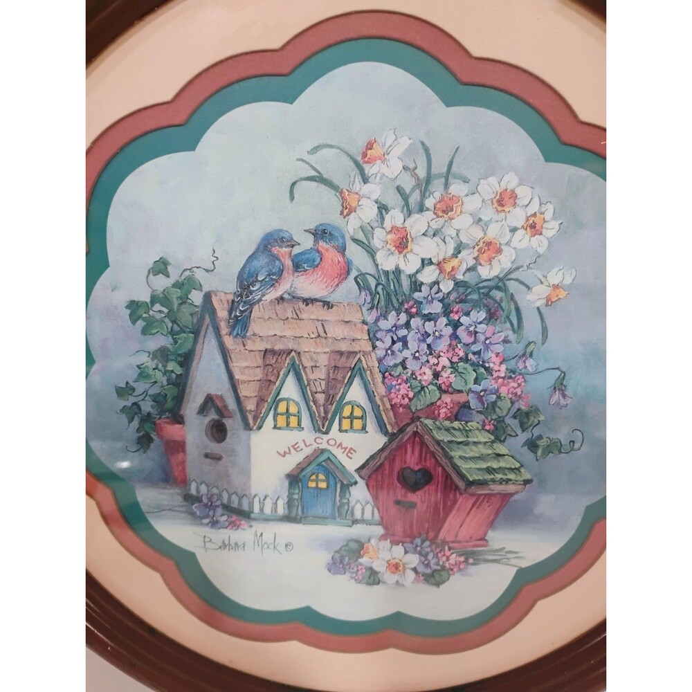 Barbara Mock Birdhouses Blue Birds Welcome Framed Matted Print Round Brown Frame - Picture 5 of 6